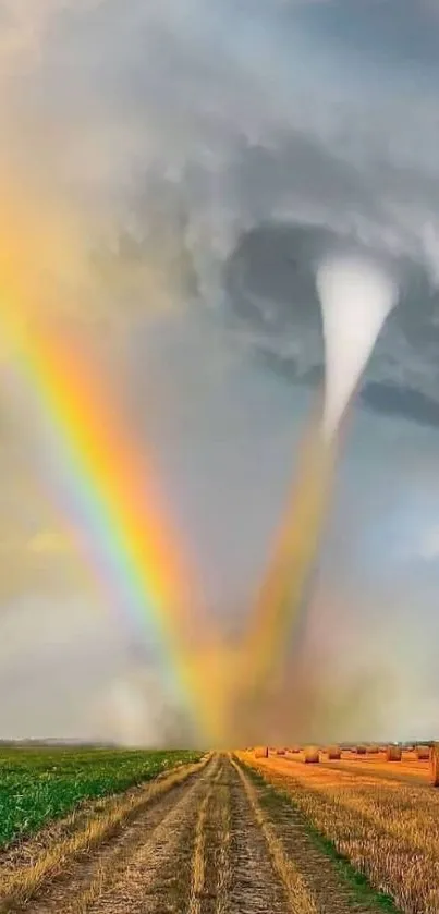 Vivid wallpaper of a rainbow and tornado over a rural field.