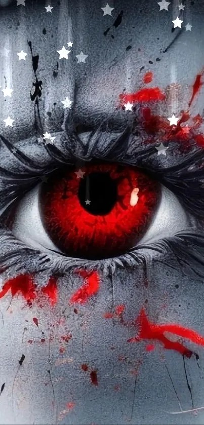 Close-up of a dramatic red eye with intense colors and striking details.