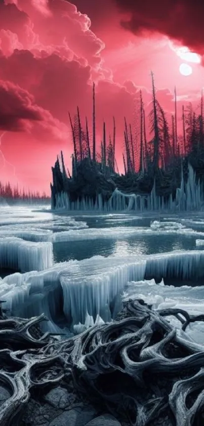 Dramatic red sky over a frozen lake with lightning and dark forest.