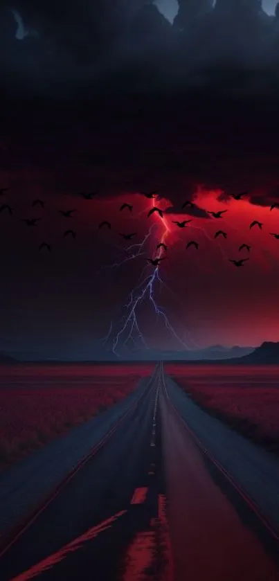 Dramatic red sky with lightning over a road and birds flying.