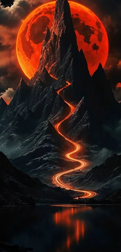 Towering mountain under a fiery red moon with a glowing path.