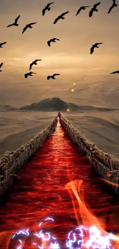 Dramatic red river path under sunset sky with birds flying.