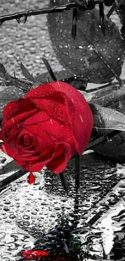 Red rose with barbed wire and raindrops creating a vivid contrast.