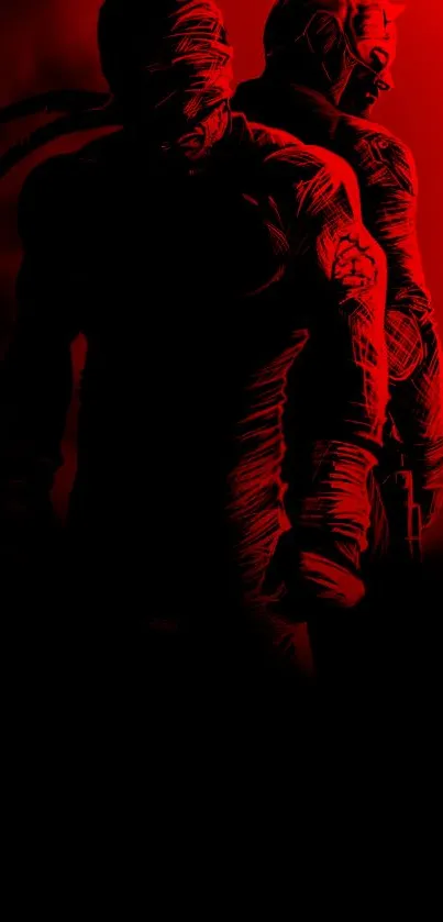 Two shadowy figures in a vibrant red and black phone wallpaper.