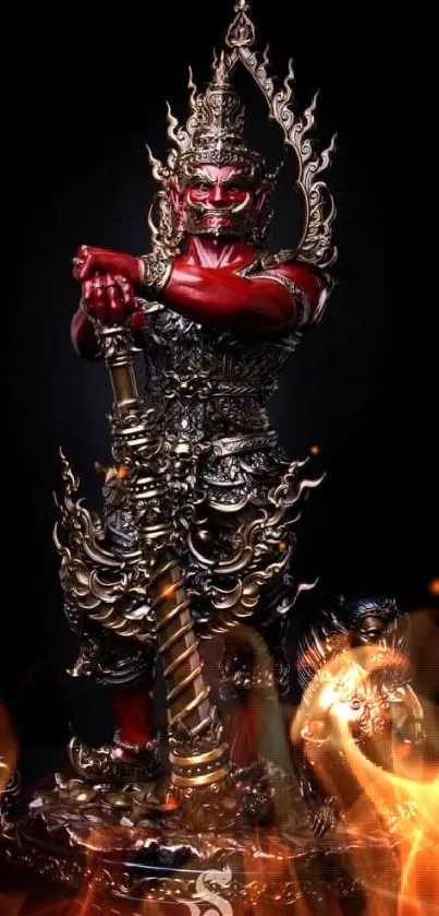 Red mythical statue with ornate details on a dark background.