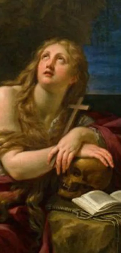 Religious artwork featuring a contemplative figure with a cross and skull.