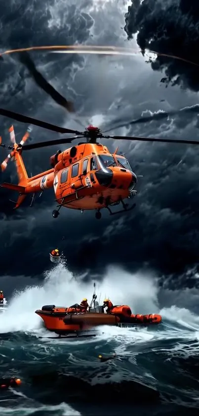 Helicopter performing a sea rescue in a stormy ocean.