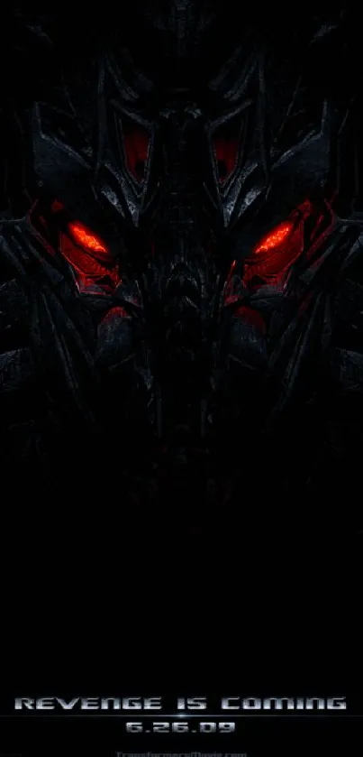 Dramatic wallpaper with red robotic eyes on a dark background.