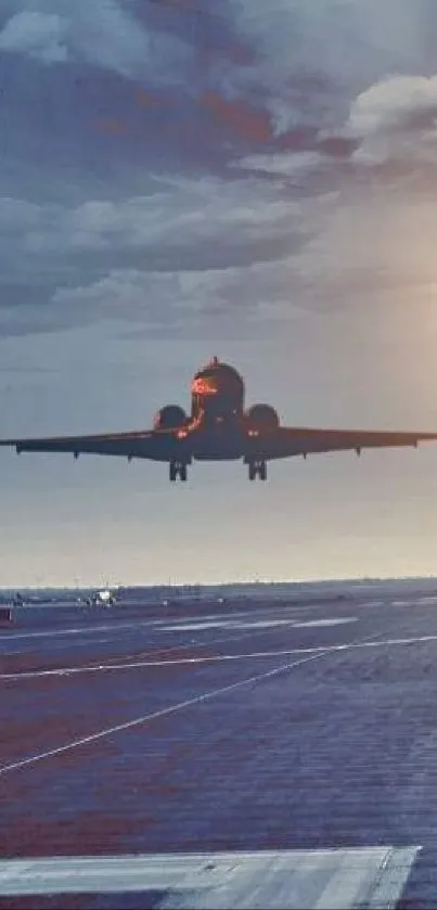 Man runs on runway at sunset with jet taking off.