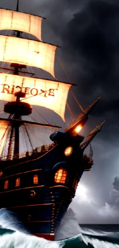 Majestic ship braving a storm with bright sails and dark, dramatic sky.