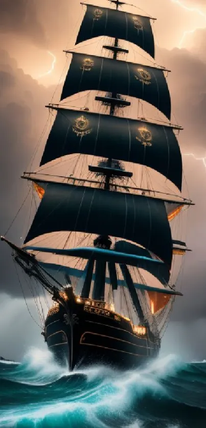 Majestic sailboat navigating stormy seas with striking lightning backdrop.