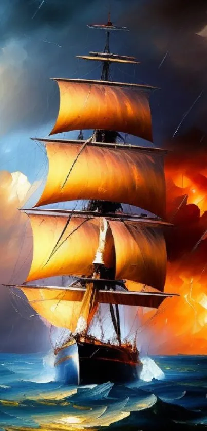 A vibrant sailing ship navigating stormy seas with dramatic skies in the background.