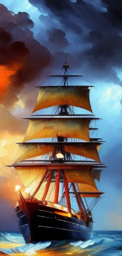 Dramatic painting of a sailing ship under a vibrant, colorful sky at sea.