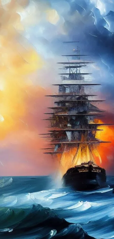 Dramatic painting of a sailing ship at sea with stormy and fiery skies.