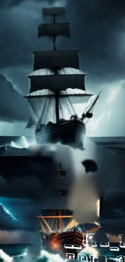 Sailing ship in stormy sea under dark skies, lit by lightning.