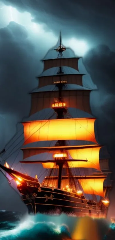 Illuminated sailing ship on stormy seas with dramatic sunset lighting.