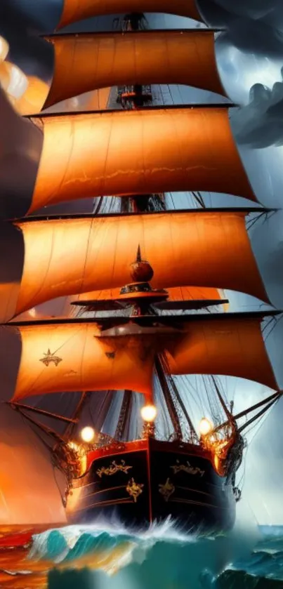 Majestic ship sails on stormy seas with vibrant orange and blue colors.