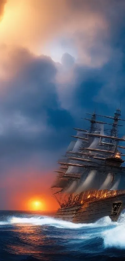 Majestic ship sails through stormy seas under a vibrant sunset on a mobile wallpaper.