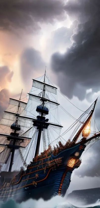 Sailing ship navigating stormy seas with dramatic clouds and ocean waves.