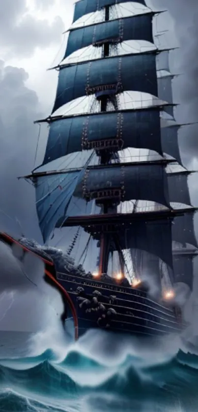 Majestic ship sailing through a stormy ocean with dramatic waves and dark clouds.