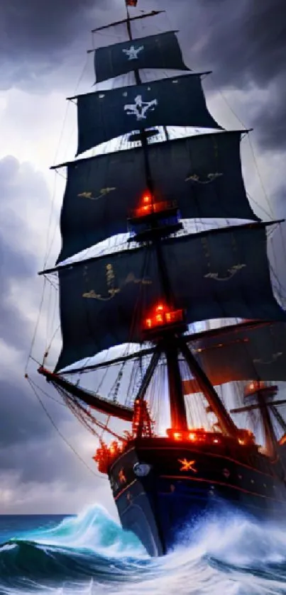 Sailing ship navigating a stormy sea under dark clouds.