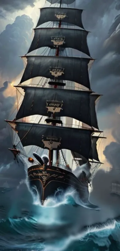 Dramatic scene of a ship sailing through stormy ocean waters under dark clouds.