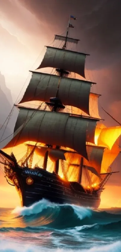 Dramatic sailing ship amidst stormy seas and glowing sunset.