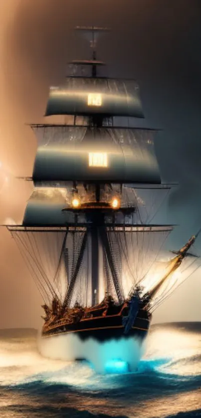 A sailing ship navigates stormy seas with lightning in the background.