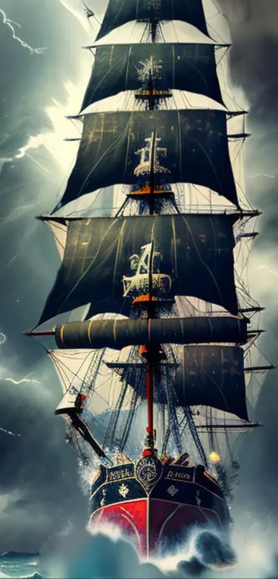 Majestic sailing ship braving a stormy sea with lightning.