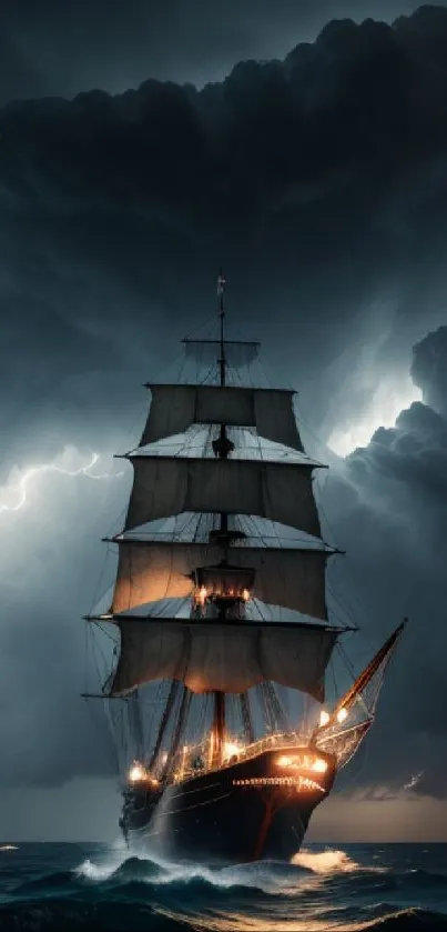 Majestic ship sailing through a stormy sea with lightning illuminating the sky.