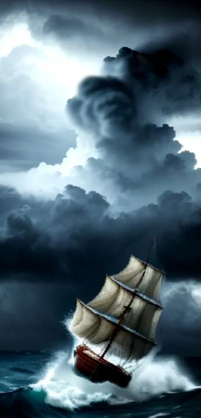 Dramatic sailing ship caught in a storm with swirling clouds.