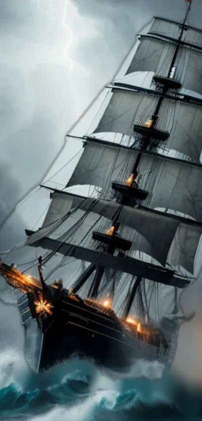 Majestic ship sailing through stormy seas, captured in dramatic wallpaper illustration.