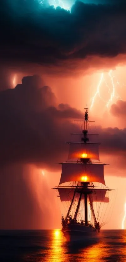 Sailing ship amid storm with lightning and glowing sky, creating a dramatic scene.