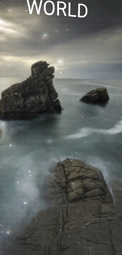 Dramatic seascape with rocks under a moody sky.