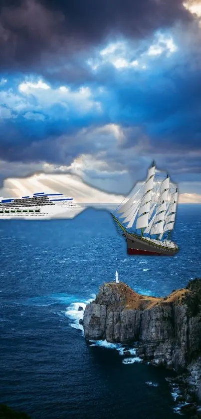 Dramatic ocean view with cruise and sail ships under cloudy sky.