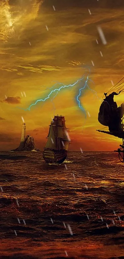 Historic ships sail under a stormy sunset with lightning.