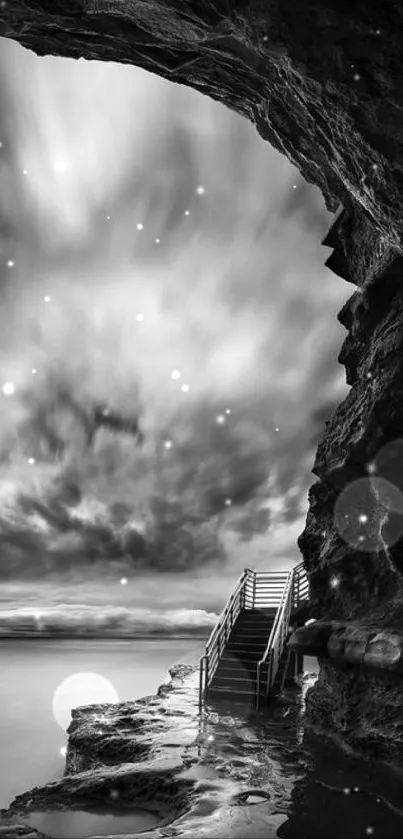 Black and white coastal cave with dramatic sky.