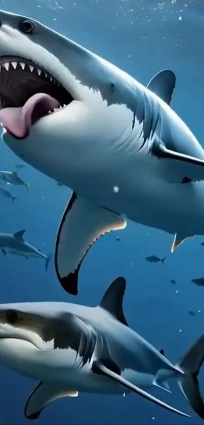 Sharks swimming underwater with open jaws and vibrant ocean background.