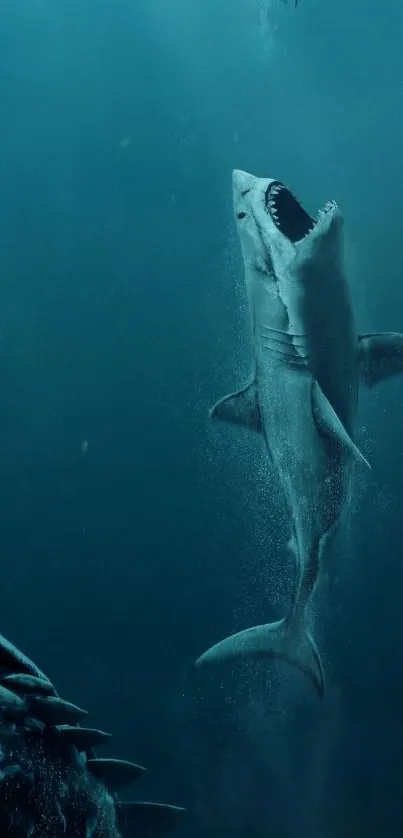 A dramatic underwater scene with a shark swimming in dark blue ocean depths.