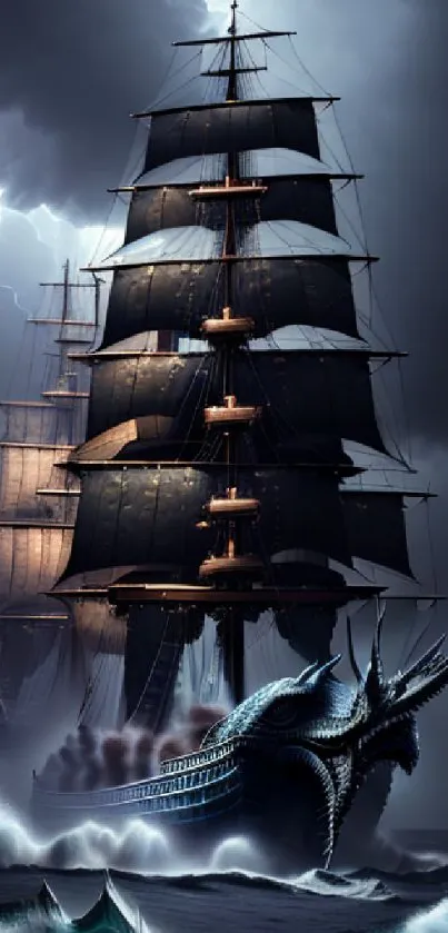 A dark, dramatic scene of a ship sailing through a stormy sea with lightning.