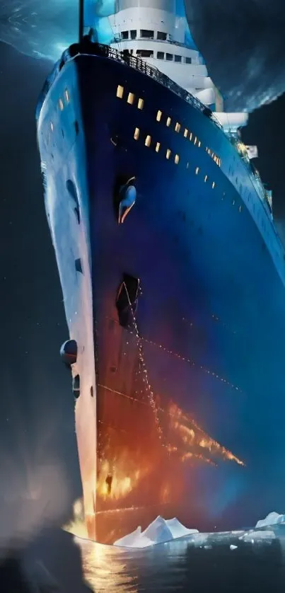 Majestic ship under moonlight surrounded by icy blue waters.