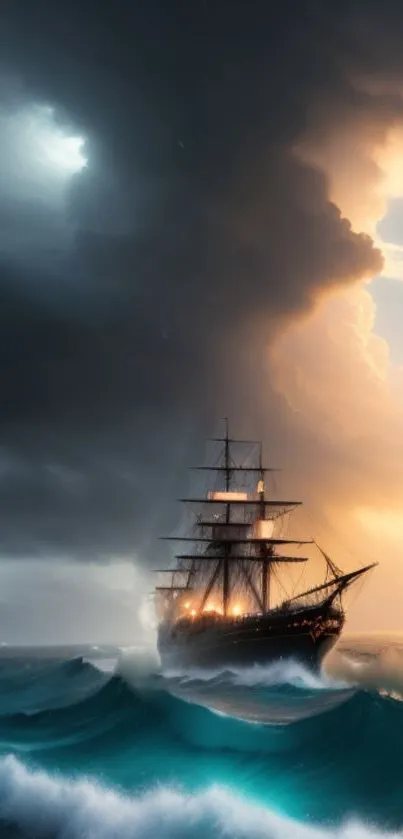 Majestic ship sails through stormy seas and dramatic skies.