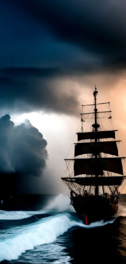 Sailing ship navigating through stormy seas with dramatic clouds in the background.