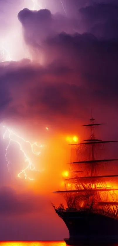 Majestic ship with lightning in the background, glowing in fiery orange hues.