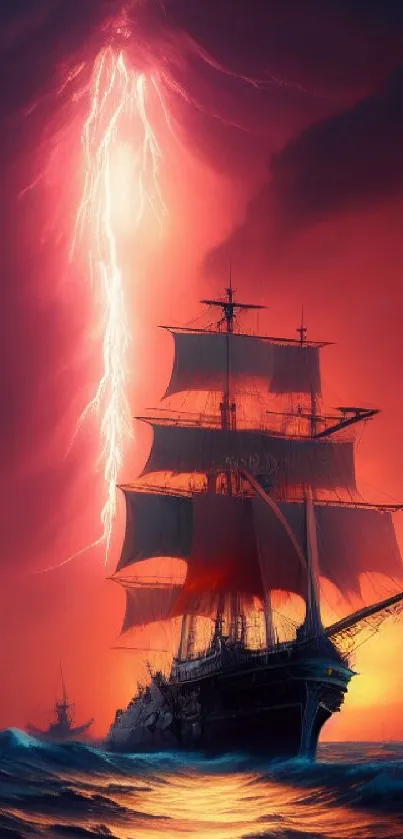 Ship in stormy ocean with lightning in the background, dramatic digital art.