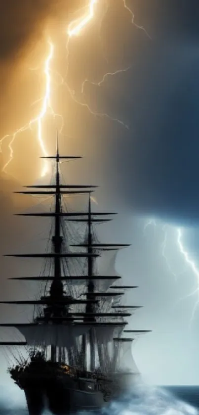 Tall ship under dramatic lightning in a stormy ocean scene.