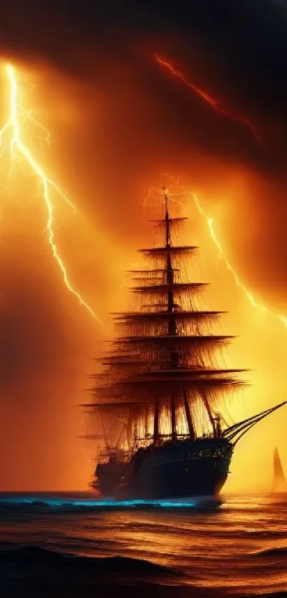 Silhouette of a ship in a storm with bright lightning and orange sky.