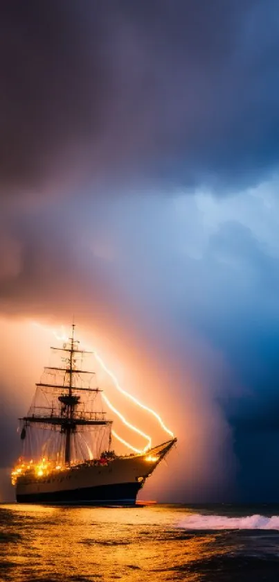 Ship sailing under a stormy sky with a vivid lightning bolt.