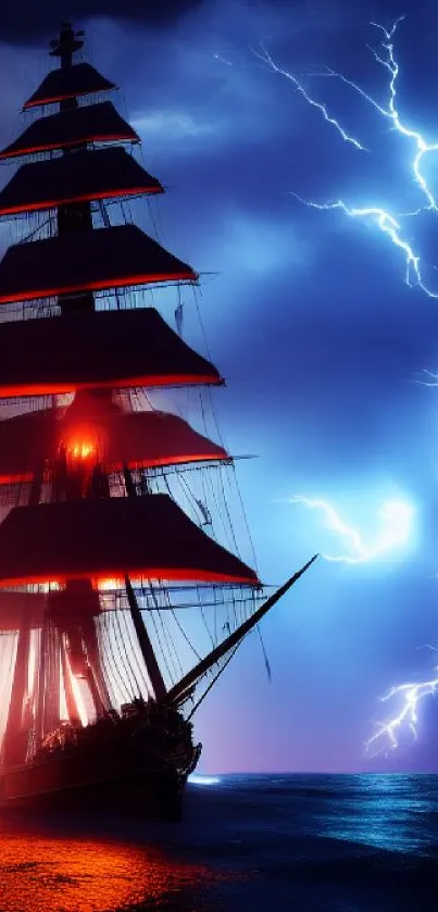 Majestic ship under a vibrant lightning storm on the ocean.