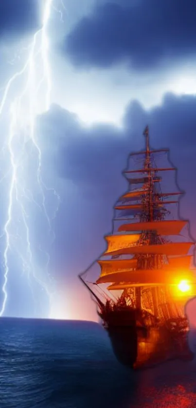 Tall ship sailing in ocean storm with lightning and sunset.